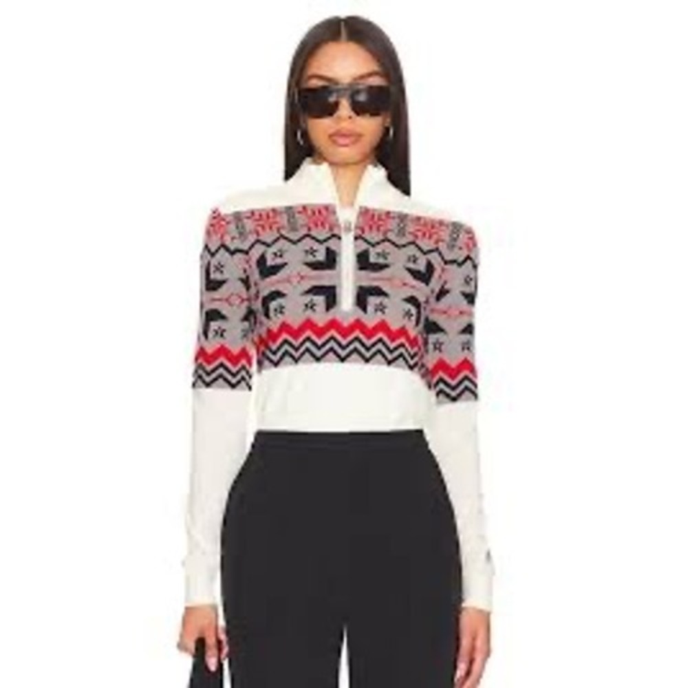 Perfect Moment Nordic Merino Wool Half-Zip Cropped Sweater Cream Red Small